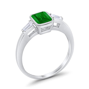 Three Stone Baguette Engagement Ring Simulated Green Emerald CZ 925 Sterling Silver